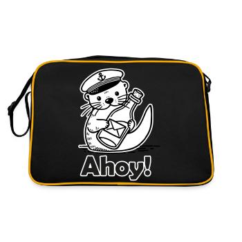Cute Seaman Otter Holding A Postcard In A Bottle - Retro Bag - black/gold - Back