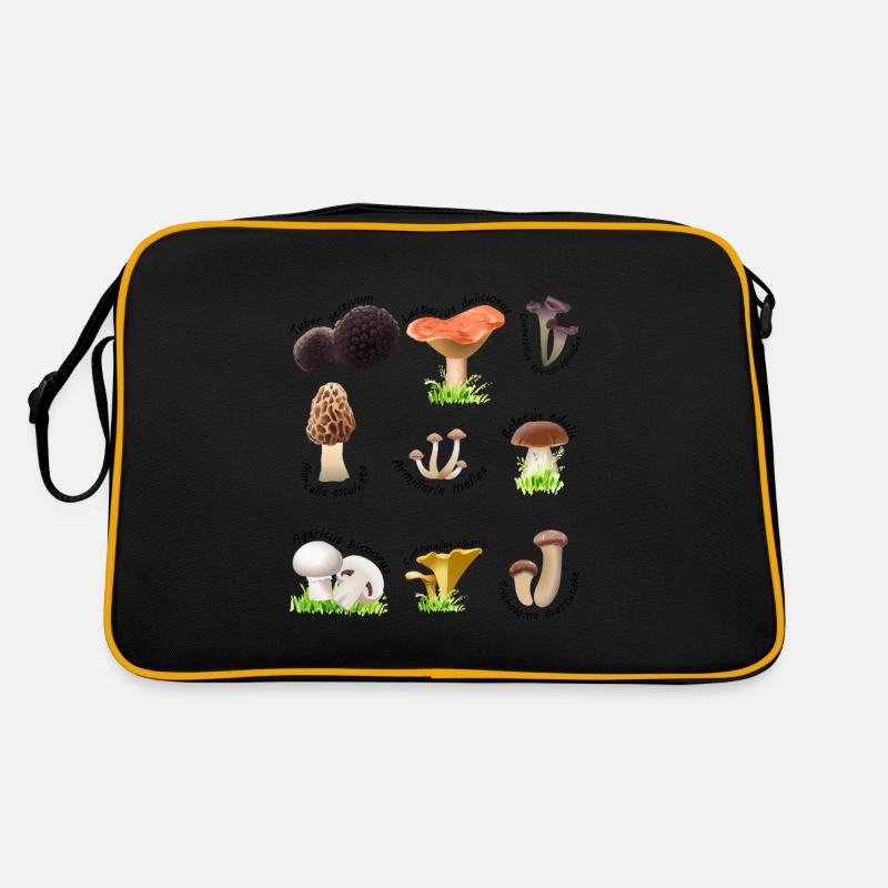 Verschiedene essbare Pilze mit lateinischen Namen - Retro Tasche - Schwarz/Gold