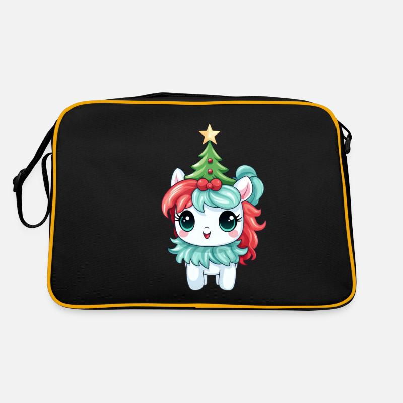 Weihnachtliches Einhorn mit Tannenbaum und Retro Tasche
