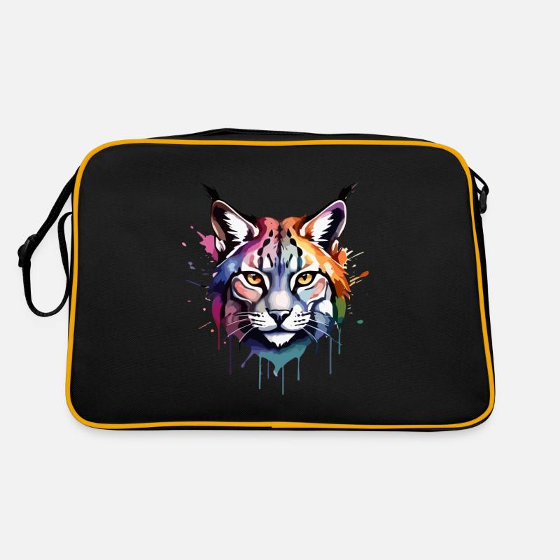 Luchs, Katze, Cool, Cool, Bunt, Aquarell - Retro Tasche - Schwarz/Gold