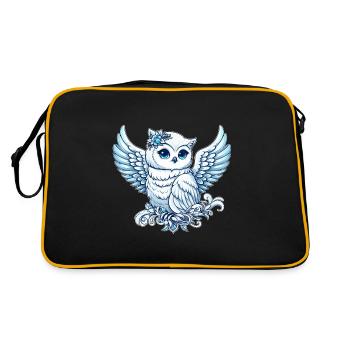 Niedliche Schneeeule mit blauen Augen und Engelsfl - Retro Tasche - Schwarz/Gold - Hinten