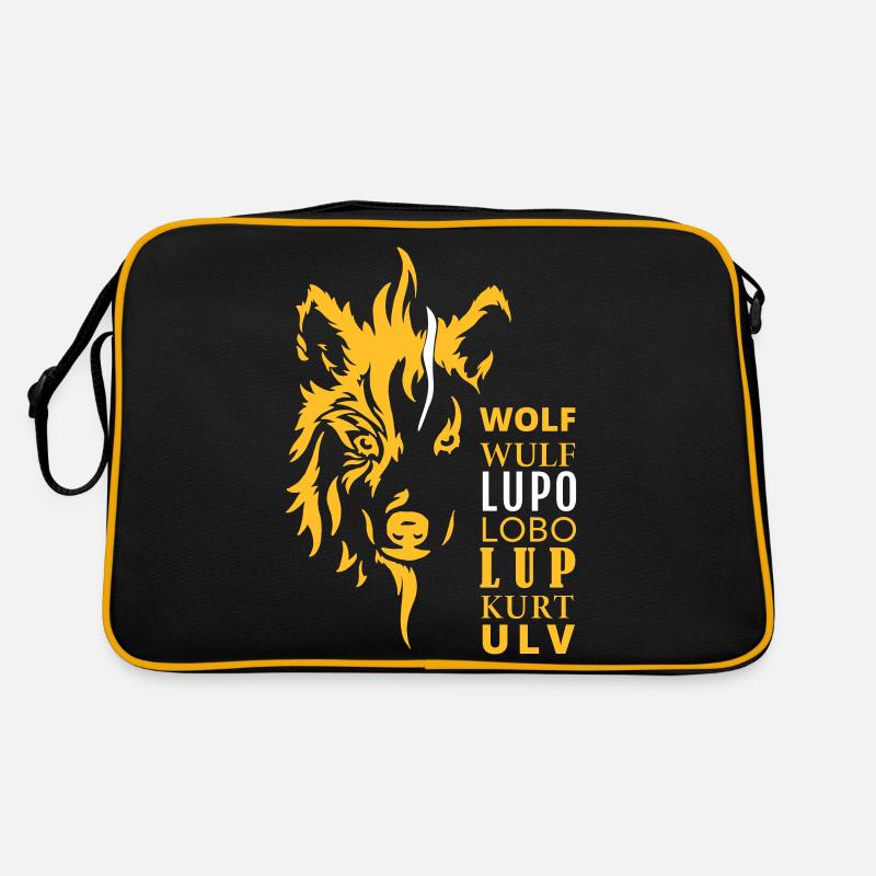 GOWILD Wolfmotiv - mit 7 Sprachen - Retro Tasche - Schwarz/Gold