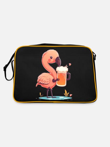Süßer lustiger Flamingo mit Bier - Retro Tasche - Schwarz/Gold - Hinten