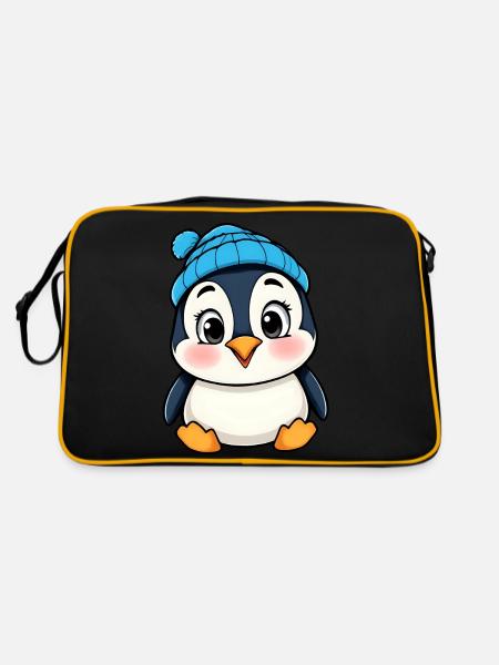 Fröhlicher Cartoon-Pinguin in blauer Mütze - Retro Tasche - Schwarz/Gold - Hinten