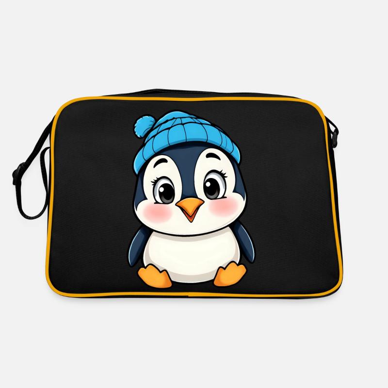 Fröhlicher Cartoon-Pinguin in blauer Mütze - Retro Tasche - Schwarz/Gold