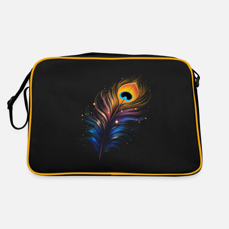 Bunte Pfauenfeder, Vogel, Feder, einzeln, Muster - Retro Tasche - Schwarz/Gold