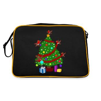 Robin um den Weihnachtsbaum - Retro Tasche - Schwarz/Gold - Hinten