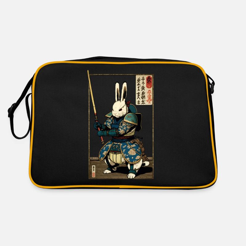Lapin japonais en armure de samouraï de style ukiyo-e - Sac Retro - noir/or