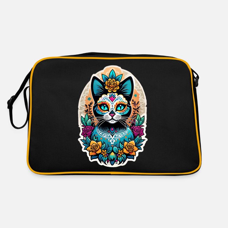 Katze Mexiko - Dia de los Muertos - Retro Tasche - Schwarz/Gold