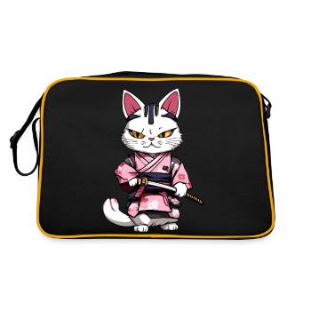 Samurai Katze & Kirschblüten #2 - Retro Tasche - Schwarz/Gold - Hinten