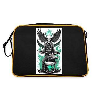 Skull Metal Drummer Green Flames - Retro Tasche - Schwarz/Gold - Hinten