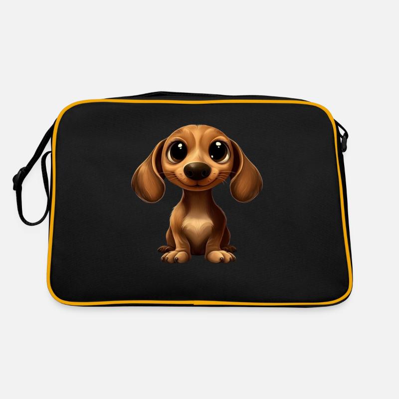 Dackel Hund Große Augen Comic - Retro Tasche - Schwarz/Gold