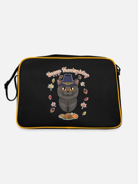 British Shorthair Cat Lover I Happy Thanksgiving - Retro Tasche - Schwarz/Gold - Hinten