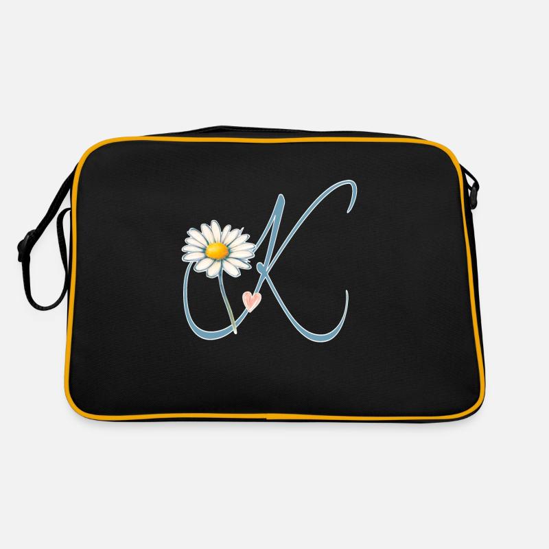 Buchstabe K Gänseblümchen Herz - Retro Tasche - Schwarz/Gold