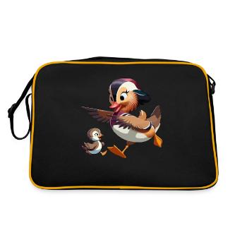 Mandarinente mit Jungtieren - Retro Tasche - Schwarz/Gold - Hinten