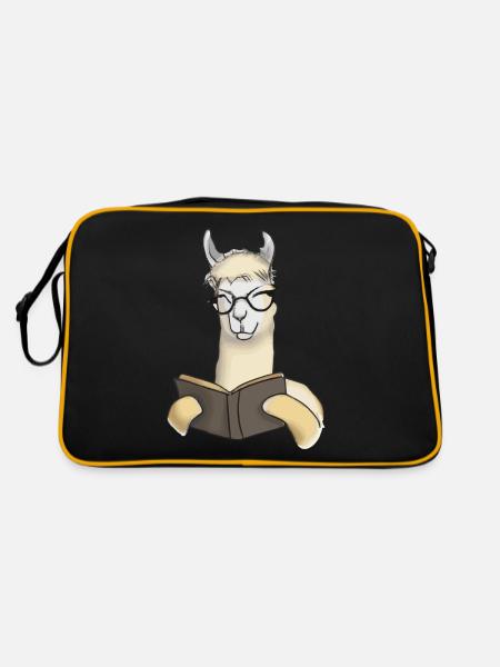 Alpaka liest Buch Geschenkidee Lama Llama - Retro Tasche - Schwarz/Gold - Hinten