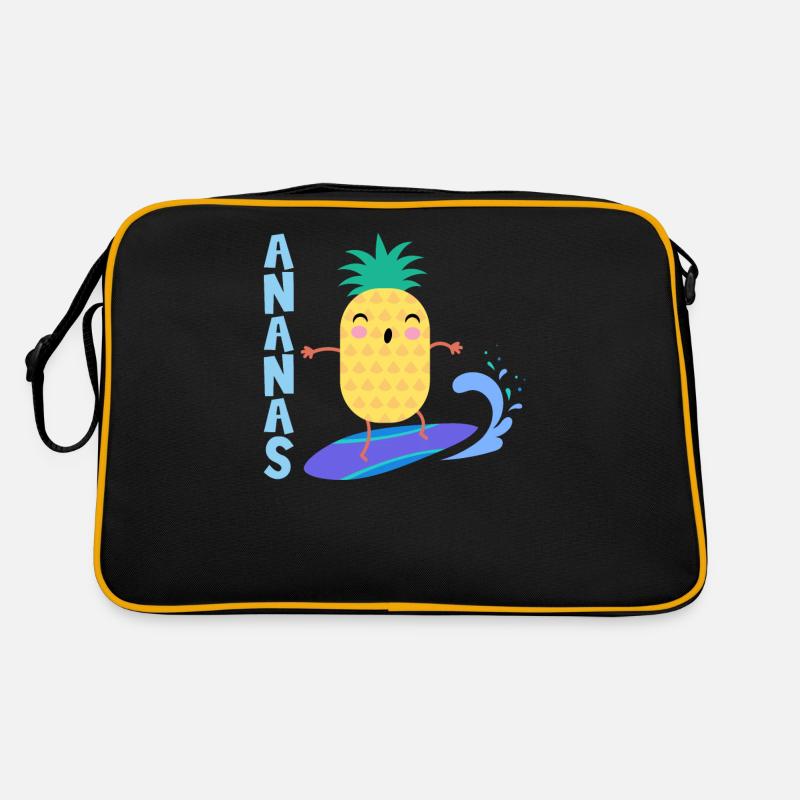 Ananas die auf einem Surfbrett Wellen reitet, Retro Tasche