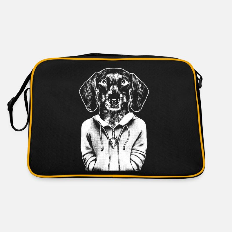 Teckel, avec veste à capuche, et regard fidèle. Sac Retro