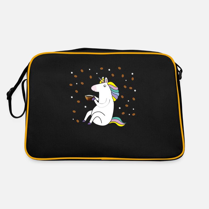 Einhorn genießt seinen Kaffee. Retro Tasche