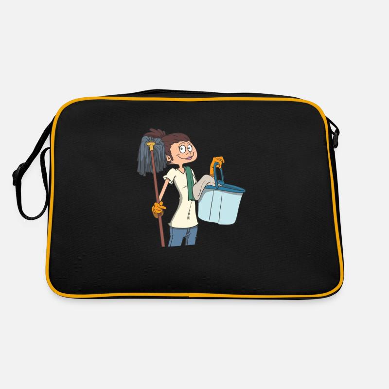Putzfrau mit Wischmob und Eimer - Retro Tasche - Schwarz/Gold