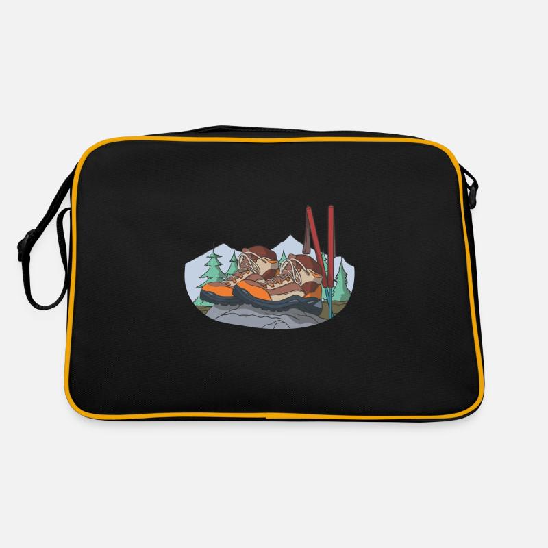Wanderschuhe Bergschuhe Berge Stöcke - Retro Tasche - Schwarz/Gold