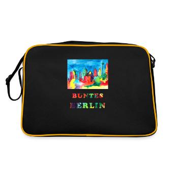 Buntes Berlin - Aquarellskizze Wahrzeichen Berlins - Retro Tasche - Schwarz/Gold - Hinten