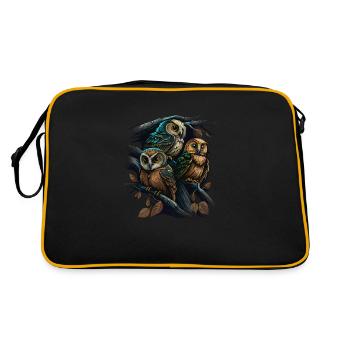 Cooles Eulen Motiv - 3 Eulen auf dem Baum - Retro Tasche - Schwarz/Gold - Hinten