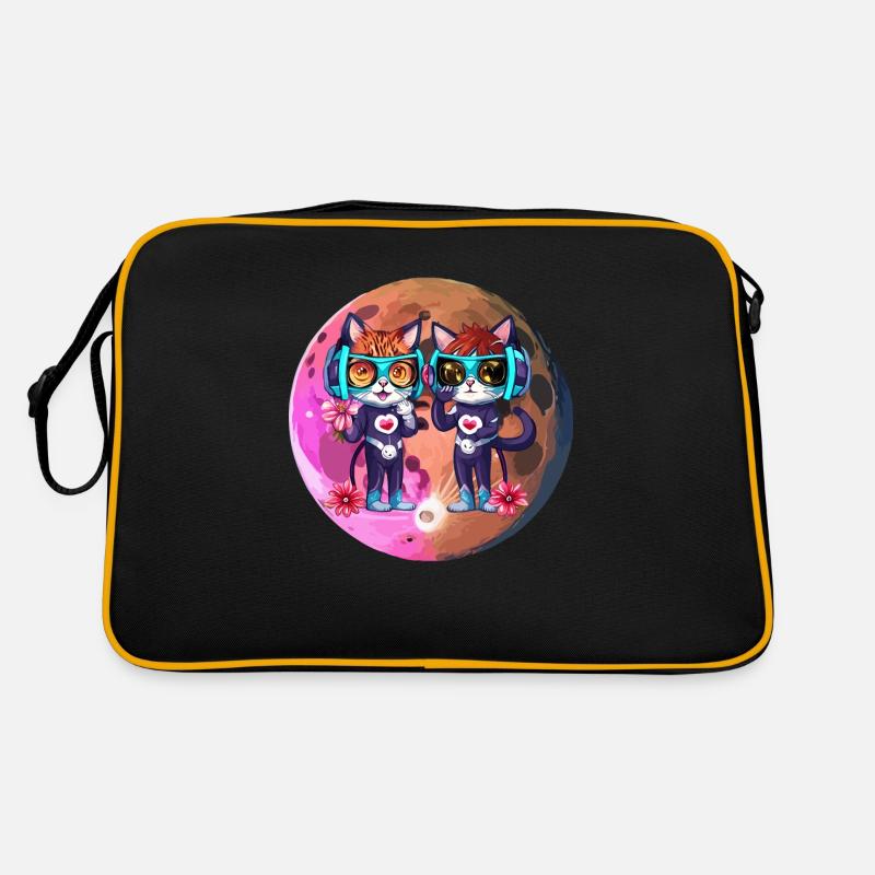 Coole Mond Katzen mit Kopfhörer - Retro Tasche - Schwarz/Gold