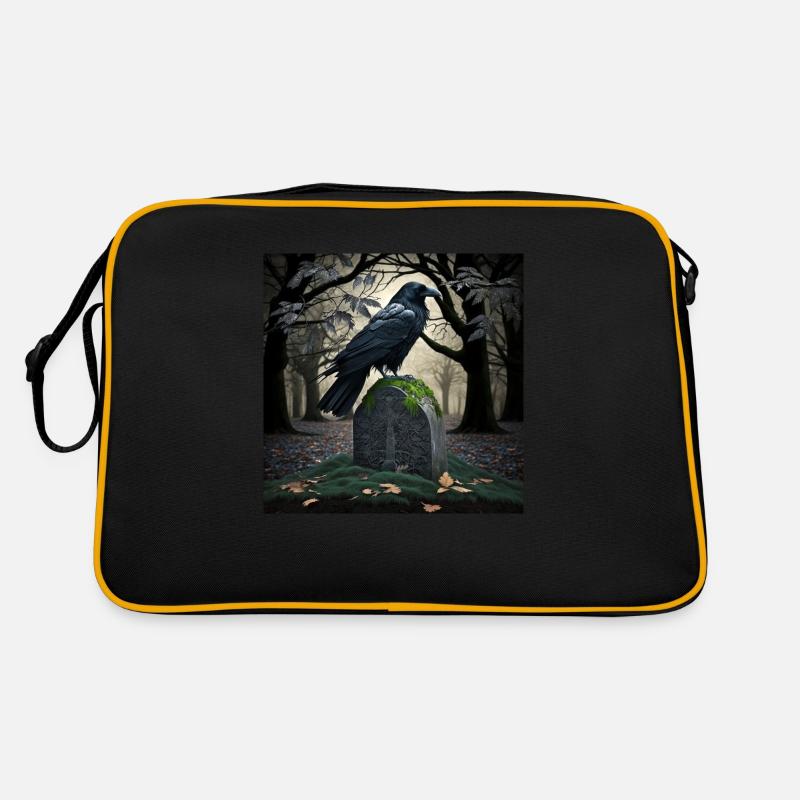 Schwarzer Rabe auf Grabstein, Illustration - Retro Tasche - Schwarz/Gold