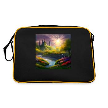 Gemälde einer Fantasielandschaft bei Sonnenaufgang - Retro Tasche - Schwarz/Gold - Hinten