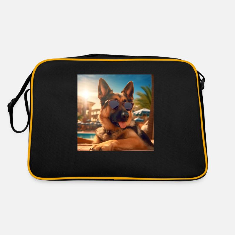 Schäferhund mit Sonnenbrille im Urlaub am Pool Retro Tasche