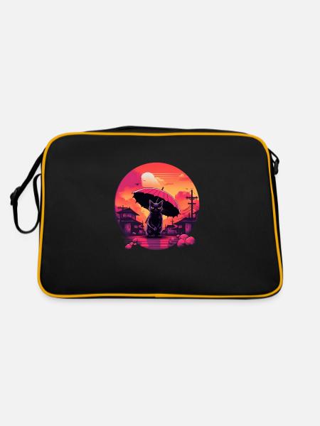 Synthwave japan Cat with umbrella - Retro Tasche - Schwarz/Gold - Hinten