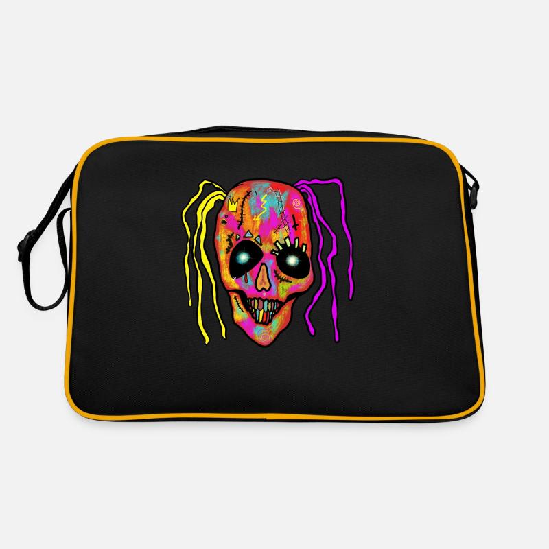 Neon Patchwork Schädel - Retro Tasche - Schwarz/Gold