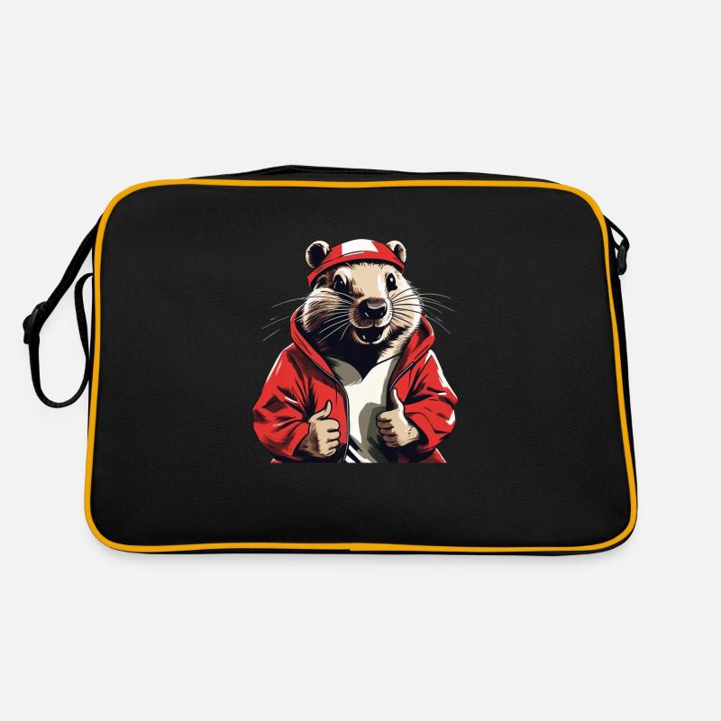 Cooler Biber mit roter Jacke - Retro Tasche - Schwarz/Gold