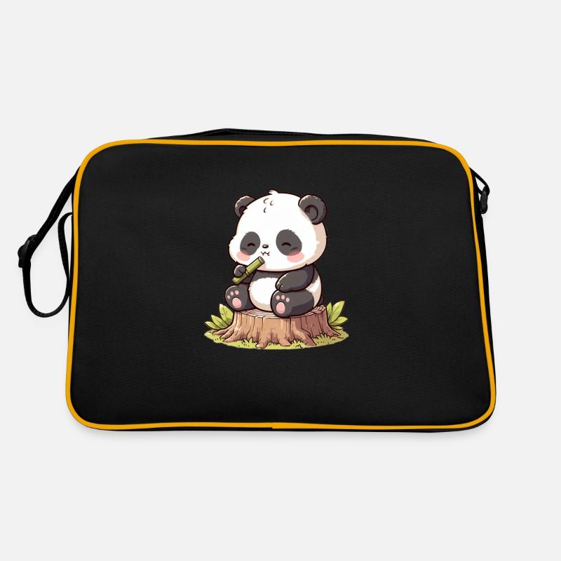 Panda mit Bambus - Retro Tasche - Schwarz/Gold