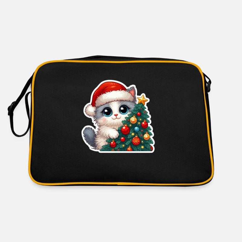 Cute Christmas Kitten & Decorated Tree Art Retro Bag