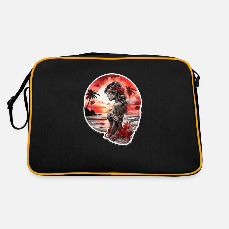 Femme sur la plage regardant le coucher de soleil rouge Sac Retro