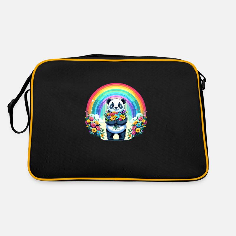 Panda mignon devant un arc-en-ciel avec des fleurs Sac Retro