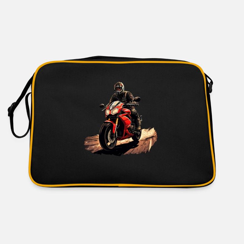 Motorradfahrer mit rotem Motorrad - Retro Tasche - Schwarz/Gold