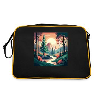 Wald mit Bach und Sonnenuntergang - Retro Tasche - Schwarz/Gold - Hinten