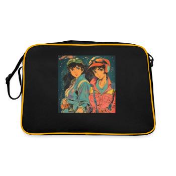 80er Jahre Anime Freunde hochwertiger Modedruck - Retro Tasche - Schwarz/Gold - Hinten