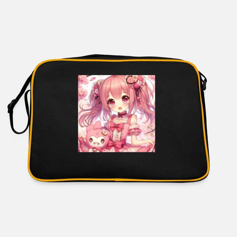 Kleines Mädchen mit ihrer japanischen Anime-Puppe Retro Tasche