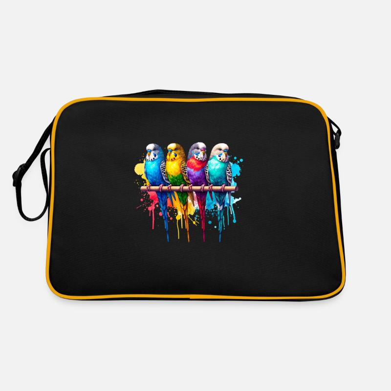 Bunte Wellensittiche - Retro Tasche - Schwarz/Gold