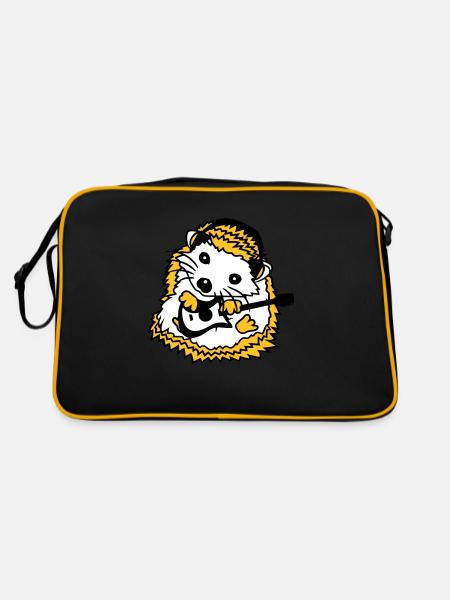 Sitzender Igel Spielt Süß Gitarre Musik Gitarrist - Retro Tasche - Schwarz/Gold - Hinten