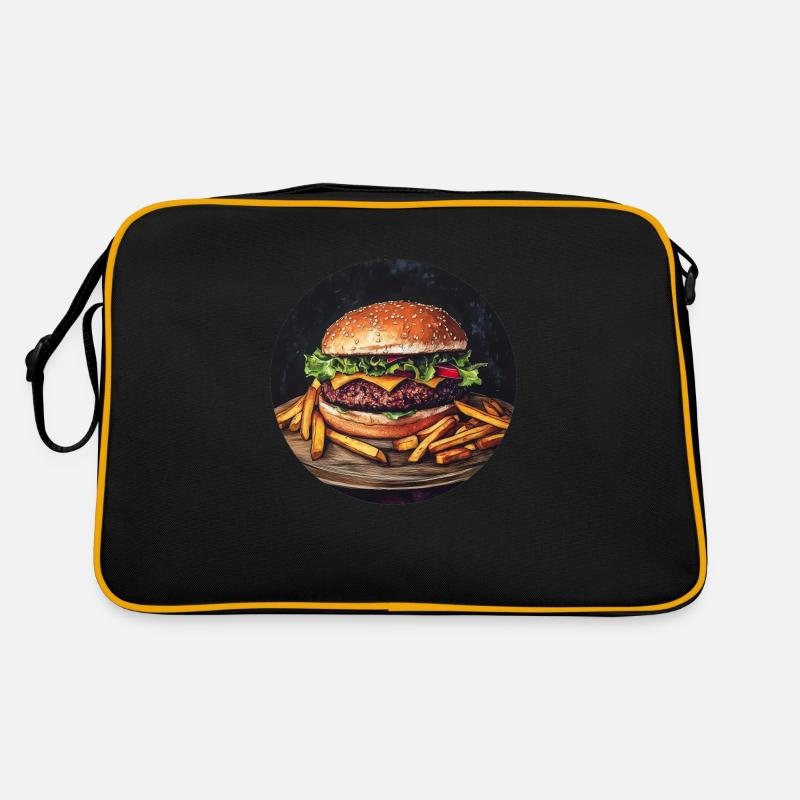 Saftiger Burger mit knusprigen Pommes - Retro Tasche - Schwarz/Gold