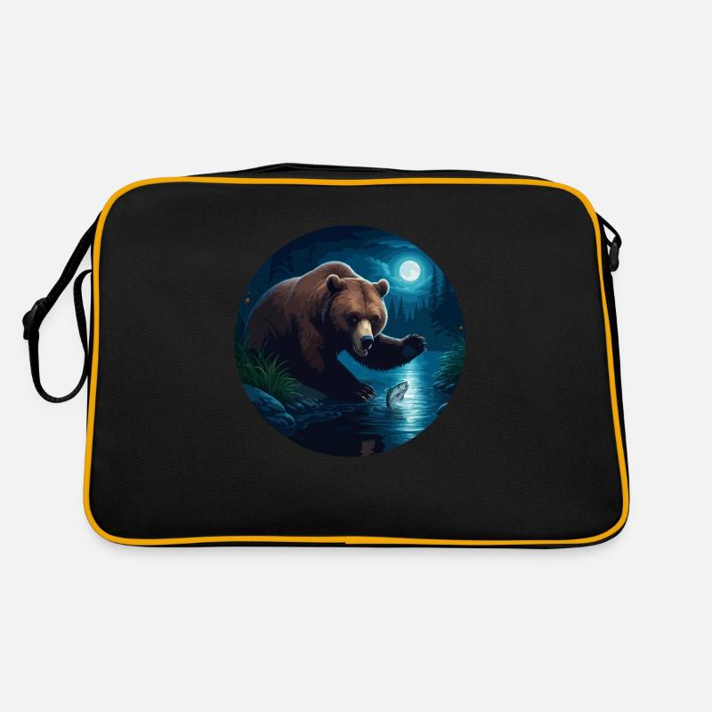 Bear catches fish by moonlight Retro Bag