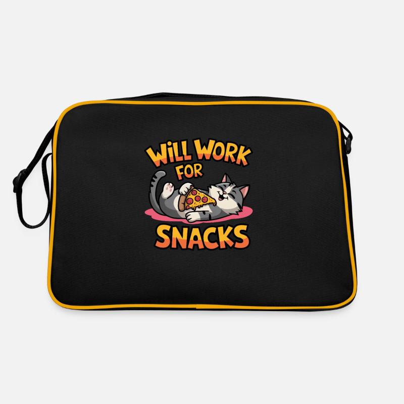 Will Work for Snacks – Lustige Katze mit Pizza Retro Tasche