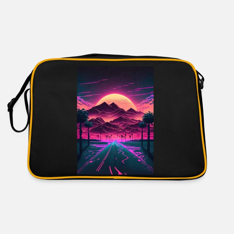 Neon Sunrise Over the Synthwave Mountains Retro Tasche