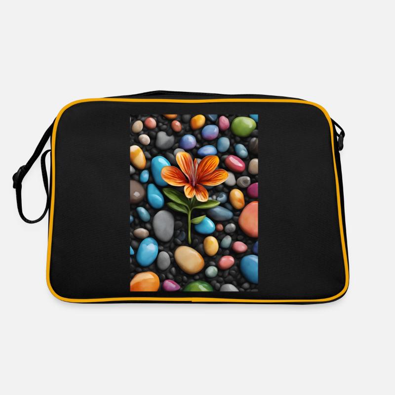 Une fleur au milieu de galets de couleurs - Sac Retro - noir/or