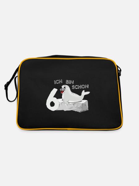 Lachende Robbe auf Fels - 6. Geburtstag - Retro Tasche - Schwarz/Gold - Hinten